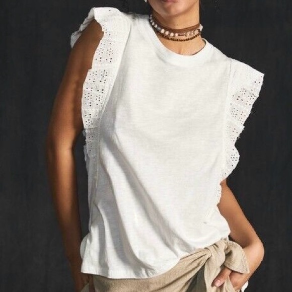 Anthropologie Tops - Anthropologie Pilcro Sustainable Ruffle Sleeved White Sleeveless Tunic Tank Sm